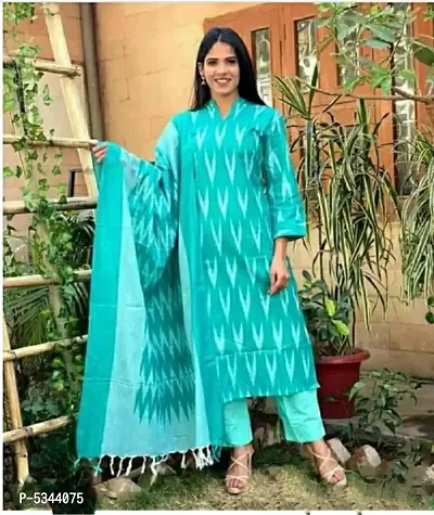 Stylish Cotton Ikkat Printed Dress Material With Dupatta Set