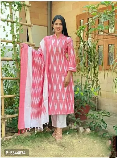 Stylish Cotton Ikkat Printed Dress Material With Dupatta Set