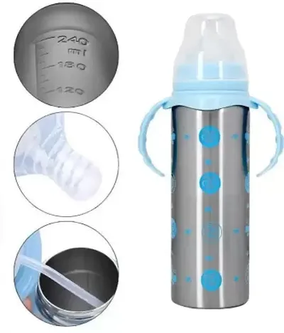 Multi-Functional Thermo-Steel 3 in 1 Baby Feeding Bottles - Sipper, Nipple And Straw (Blue, 240 ml)