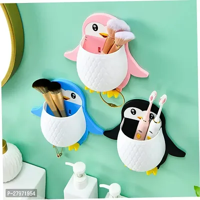 tvAt 2 Pcs Penguin Storage Box Wall Mounted Storage Holder Penguin Shape Storage Box Toothpaste Holder Makeup Brush Holder Cartoon Shelf Pencil Holder Charger Office Wall Hanging Plastic-thumb3