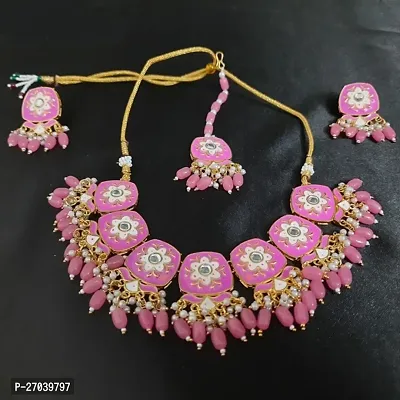 Trendy Alloy Square Necklace Set with Mangtika (Pink)