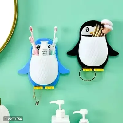 tvAt 2 Pcs Penguin Storage Box Wall Mounted Storage Holder Penguin Shape Storage Box Toothpaste Holder Makeup Brush Holder Cartoon Shelf Pencil Holder Charger Office Wall Hanging Plastic-thumb0