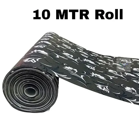 H.A.M Fab 10 Meter Rectangular Long Shelf Liner Black Color, White Flower Design, Sheet Roll / Mat for Drawer, Antislip Mat, Size - 45 x 1000 cm