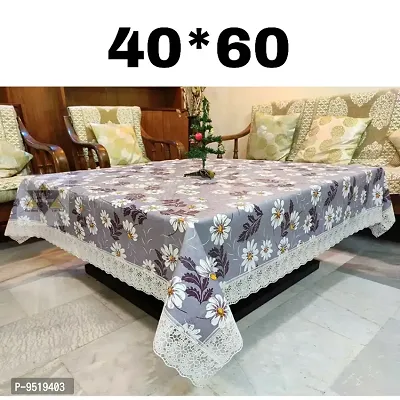 Table Cover 3D Medium Size 2 to 4 Seater Flower, Gray Color Plastics Self Design Printed Table Cover with  Lace-thumb0