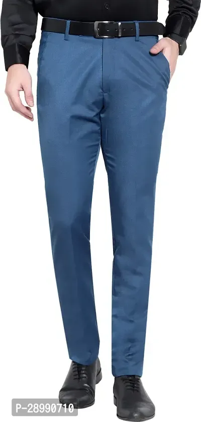 Stylish Blue Cotton Blend Mid-Rise Trouser For Men