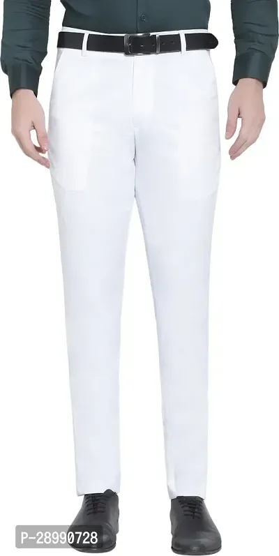 Stylish White Cotton Blend Mid-Rise Trouser For Men