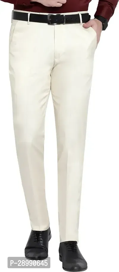 Stylish Beige Cotton Blend Mid-Rise Trouser For Men