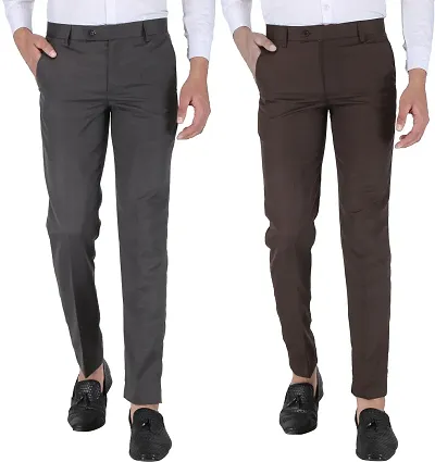 Stylish Multicoloured Cotton Blend Mid-Rise Trouser For Men Pack Of 2