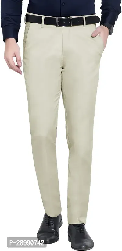 Stylish Beige Lycra Blend Mid-Rise Trouser For Men