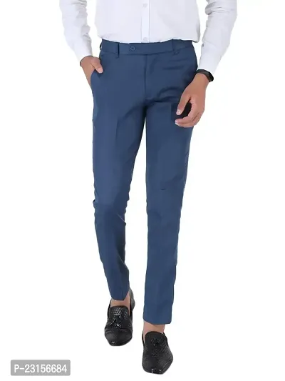 Men Regular Fit Blue  Cotton Blend Trousers-thumb0