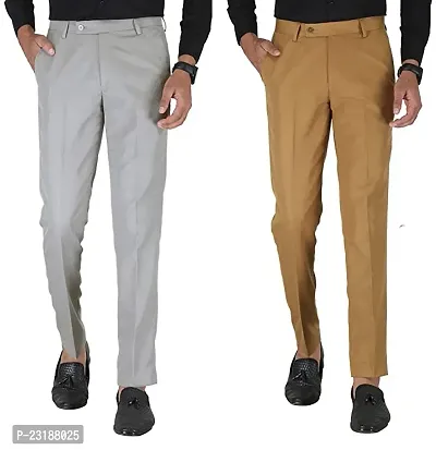 Men Regular Fit Grey Beige Cotton Blend Trousers (pack of 2)
