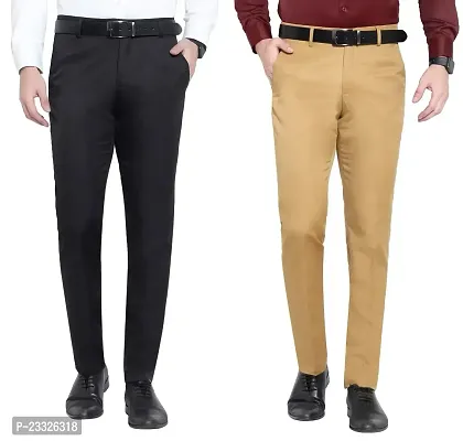 Men Regular Fit Black  Khakhi Cotton Blend Trousers