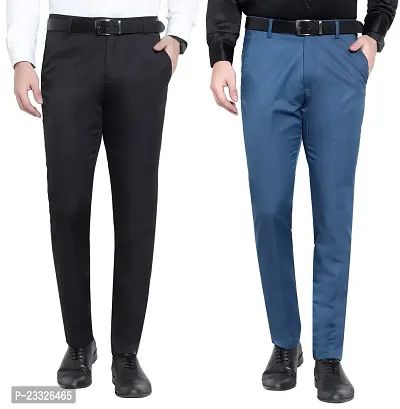 Men Regular Fit Black  Blue Cotton Blend Trousers