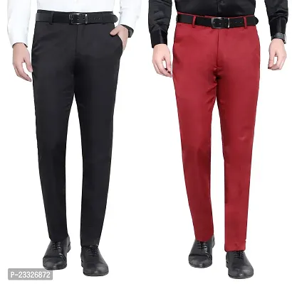 Men Regular Fit Black Maroon Cotton Blend Trousers