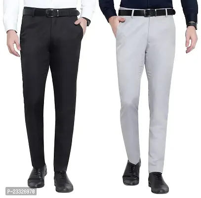 Men Regular Fit Black Grey Cotton Blend Trousers