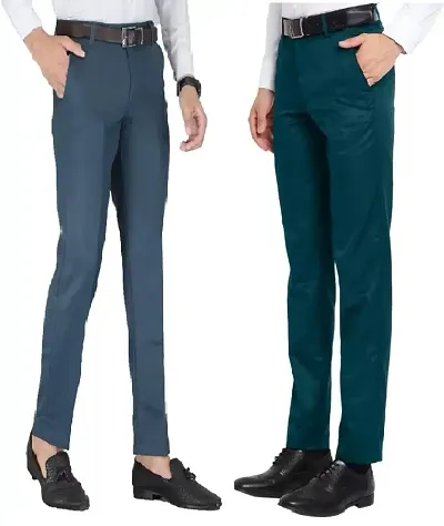 Stylish Men Slim Fit Cotton Blend Trousers- Combo Pack Of 2