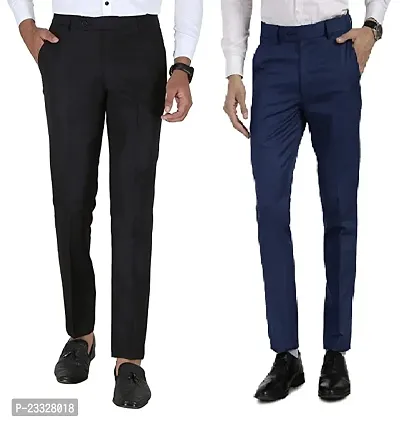 Men Slim Fit Black Navy Blue Cotton Blend Trousers-thumb0