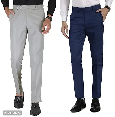 Men Slim Fit Grey Navy Blue Cotton Blend Trousers