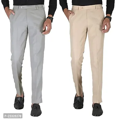 Men Slim Fit Grey Beige Cotton Blend Trousers