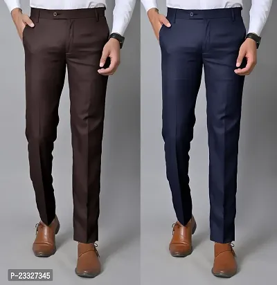 Men Slim Fit Brown Blue Cotton Blend Trousers-thumb0