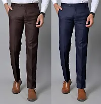 Men Slim Fit Brown Blue Cotton Blend Trousers-thumb2