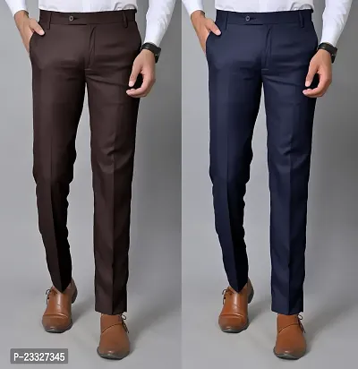 Men Slim Fit Brown Blue Cotton Blend Trousers-thumb3