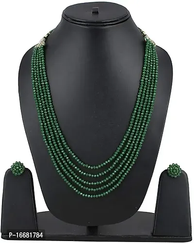 genric Resho fashion cube Dark Green Gemstone Crystal Beads 5 Layer Necklace with Stud Earring for girl and women Multi Layer Green Mala Fashion jewellery-thumb3