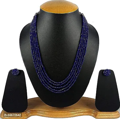 Resho Fashion Cube - Semi Precious Gemstone Sapphire Blue Crystal Beads 5 Layer Necklace with Stud Earring Multi Strand Blue Colour 16 Mala for Girl and Women Fashion Jewellery-thumb2