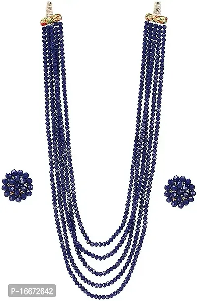 Resho Fashion Cube - Semi Precious Gemstone Sapphire Blue Crystal Beads 5 Layer Necklace with Stud Earring Multi Strand Blue Colour 16 Mala for Girl and Women Fashion Jewellery-thumb0