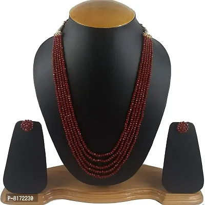 Semi Precious Gemstone Maroon Crystal Beads 5 Layer Necklace with Stud Earring Multi Strand Maroon Colour 16 Mala for Girl and Women Fashion Jewellery