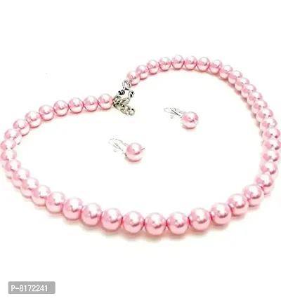 Pearl Necklace Set with Earring for Girl and Women 1 Layer Pink Mala Fashion Jewellery