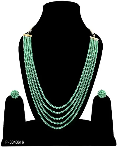 Semi Precious Gemstone Turquoise green Crystal Beads 5 Layer Necklace with Stud Earring Multi Strand Green Colour 16 Mala for Girl and Women Fashion Jewellery