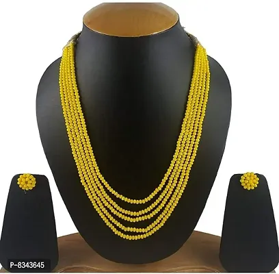 Semi Precious Gemstone Yellow Crystal Beads 5 Layer Necklace with Stud Earring Multi Strand Yellow Colour 16 Mala for Girl and Women Fashion Jewellery