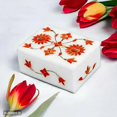 White Marble Jewellery Box Red Inlay Work Home Decor Showpieace Item 4 X 3 Inchl B