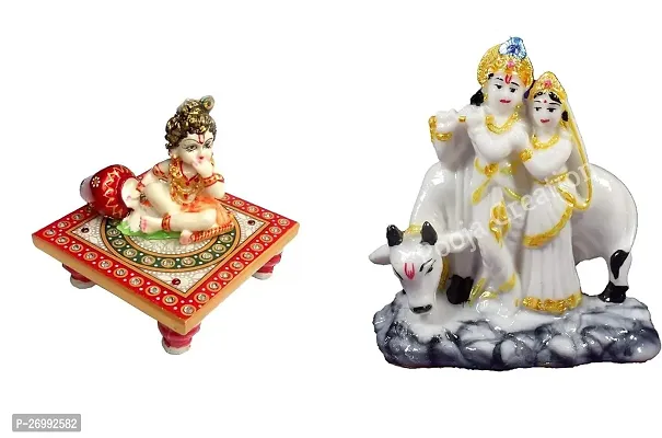 Decoravtive Resin Statue Of Gopal Krishna Ji With Radha And Cow And Marble Laddu Gopal Idol, 10.16Cm, Multicolour, 1 Bal Krishna Idol With Chowk Combo Of 2