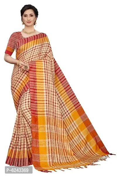 Stylish Cotton Silk Checked Saree With Blouse Piece For Women-thumb0