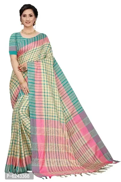 Stylish Cotton Silk Checked Saree With Blouse Piece For Women-thumb0