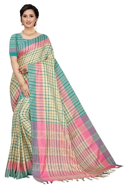 Stylish Cotton Silk Checked Saree With Blouse Piece