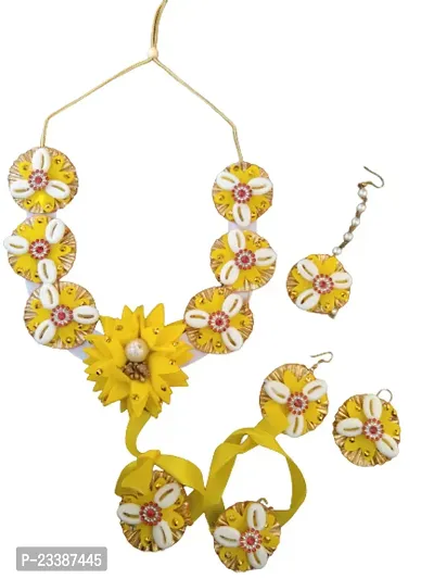 Cowrie Shell with Artificial Flower Jewellery, Necklac with Maang Tika and Earrings, Bangles (2.5 inches) for Women and Girls.(yellow)