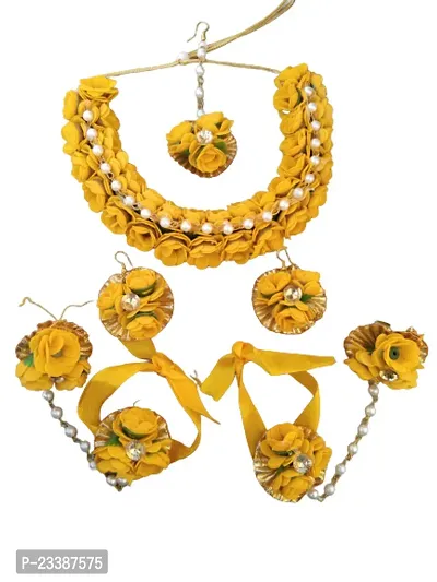 Handmade Artificial Floral Necklace Set with Maangtika and A Pair of Beautiful Earrings for Girls  Women(Wedding/Haldi/Mehendi or Special Occasions.(Flower Jewellery-thumb0