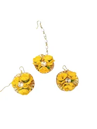 Handmade Artificial Floral Necklace Set with Maangtika and A Pair of Beautiful Earrings for Girls  Women(Wedding/Haldi/Mehendi or Special Occasions.(Flower Jewellery-thumb1