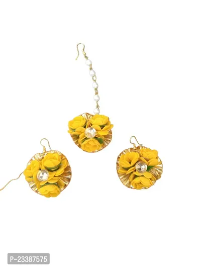 Handmade Artificial Floral Necklace Set with Maangtika and A Pair of Beautiful Earrings for Girls  Women(Wedding/Haldi/Mehendi or Special Occasions.(Flower Jewellery-thumb2