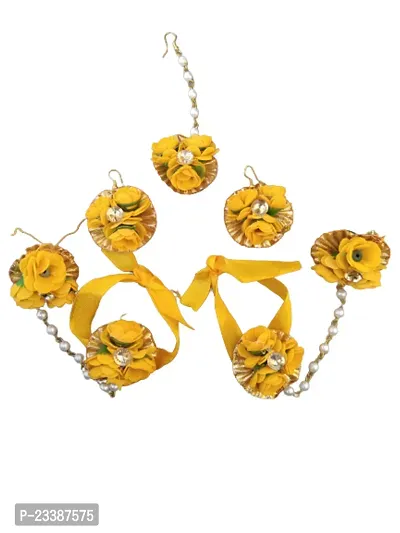 Handmade Artificial Floral Necklace Set with Maangtika and A Pair of Beautiful Earrings for Girls  Women(Wedding/Haldi/Mehendi or Special Occasions.(Flower Jewellery-thumb3