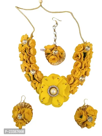 Handmade Artificial Floral Necklace Set with Maangtika and A Pair of Beautiful Earrings for Girls  Women(Wedding/Haldi/Mehendi or Special Occasions.(Flower Jewellery