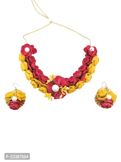 Flower Jewellery Set for Haldi Baby Shower Mehandi Godbharai Yellow and Red Paper Set for Women and Girls-thumb0