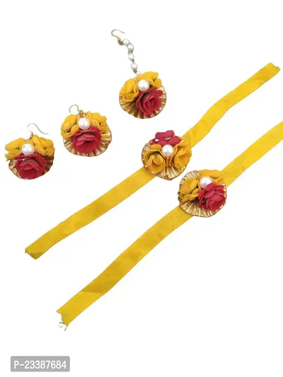Flower Jewellery Set for Haldi Baby Shower Mehandi Godbharai Yellow and Red Paper Set for Women and Girls-thumb3