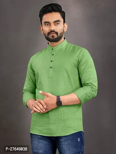 Elegant Green Cotton Solid Short Length Kurta For Men