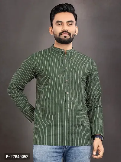 Elegant Green Cotton Striped Short Length Kurta For Men-thumb0