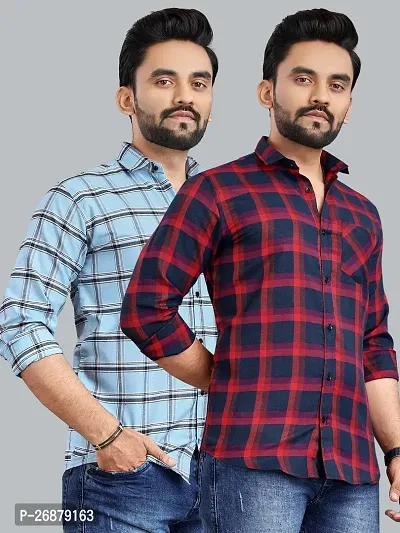 Reliable Multicoloured Polycotton Checked Long Sleeves Casual Shirts For Men Pack Of 2-thumb0