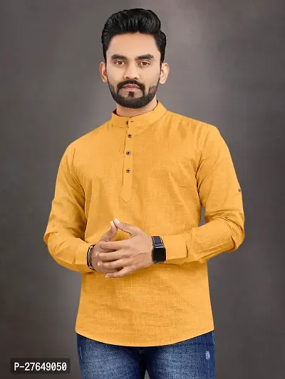 Elegant Yellow Cotton Solid Short Length Kurta For Men